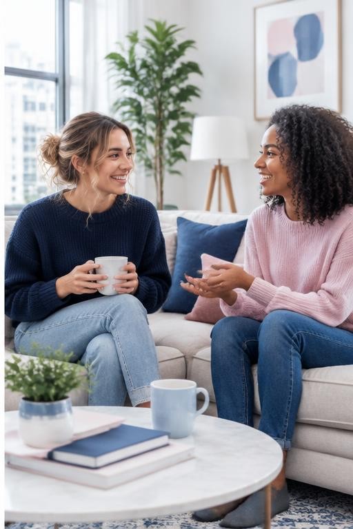 Two roommates connecting over coffee
